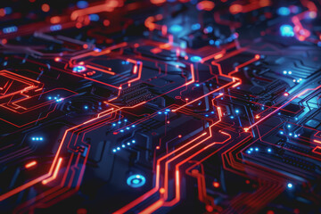 Fototapeta premium Glossy black surface with glowing red and blue neon lines. represents the data network.