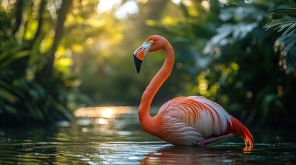 Fototapeta premium A pink flamingo navigates a pond, framed by a lush tropical forest on a sunny day.