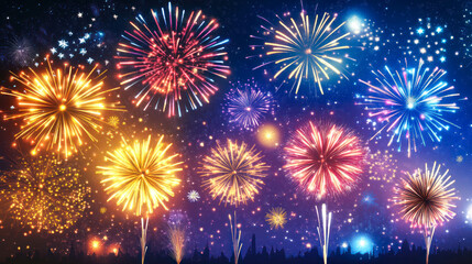 Fototapeta premium celebration background with fireworks in various bright colors. Spectacular amazing fireworks illuminating the dark sky. Vibrant collection of festive fireworks bursting in night sky. Festival