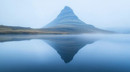 Kirkjufell mountain mirrored perfectly in the still waters of a nearby lake, with a touch of early morning mist.