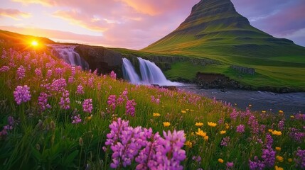 Obraz premium Kirkjufell mountain towering above a field of wildflowers, with the nearby waterfalls rushing down the cliffs.