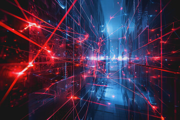 Obraz premium Glossy black surface with glowing red and blue neon lines. represents the data network.