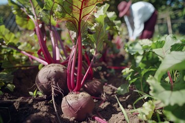 Vibrant beetroot plants growing in the soil with a gardener tending to them in the blurred background, symbolizing farm-fresh produce and sustainable gardening.