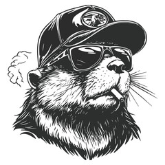Logo, vector style, black and white, simple design of an angry beaver wearing sunglasses  © RABBI