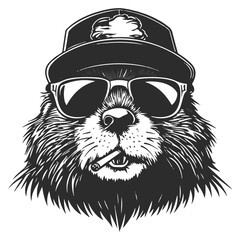 Logo, vector style, black and white, simple design of an angry beaver wearing sunglasses 