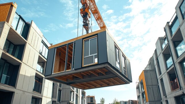 A crane lifts a prefabricated building module into place at a construction site.