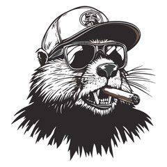 Logo, vector style, black and white, simple design of an angry beaver wearing sunglasses  © RABBI