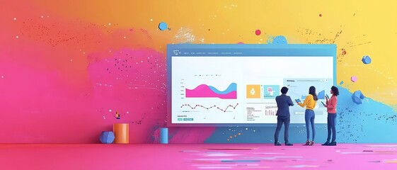 A startup team working with productivity tools and business intelligence dashboards, with a large blank area behind them for text copy space