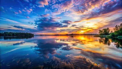Expansive lake scene at twilight with stunning sky colors reflecting in still waters creating serenity