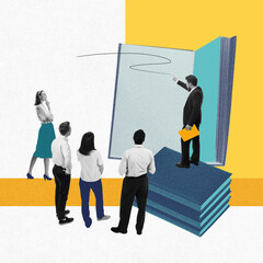 Businessman pointing to large open book with group of people engaged in learning process. Shared...