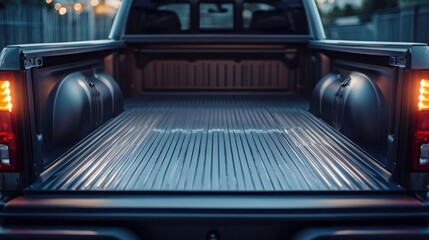 Empty truck bed with black bed liner and taillights.