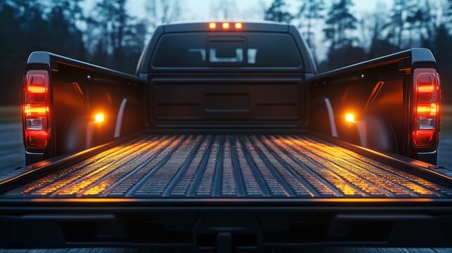 Rear view of a black pickup truck with the tailgate open. The bed of the truck is lit by the taillights.
