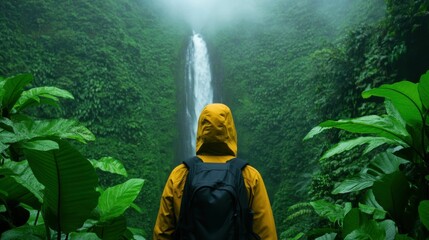 Fototapeta premium Back view of a person in a yellow raincoat and black backpack standing in front of a tall waterfall surrounded by lush tropical jungle.