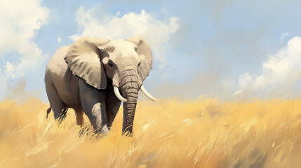 Fototapeta premium African Elephant in Grassland: A majestic African elephant stands tall against a backdrop of golden grasslands and a clear blue sky, evoking feelings of grandeur and wildlife wonder. 