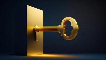 Golden key inserted into a modern keyhole on a dark background.