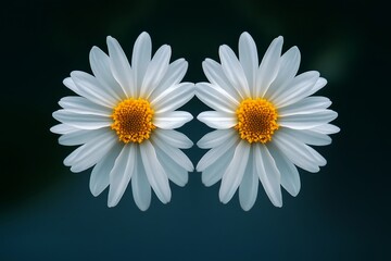 Close-up of two white daisies with yellow centers, set against a contrasting dark background, highlighting their bright colors.