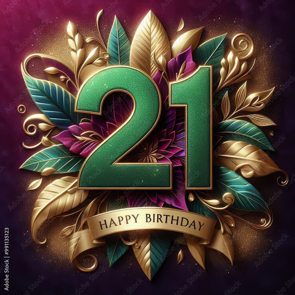 Wall mural colorful 21st birthday celebration design with elegant foliage and golden accents.