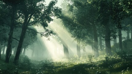 Sunbeams pierce through the mist in a lush, green forest.