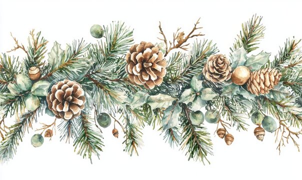 Beautiful Christmas trees, pine cones and acorns, a colorful set of pendants, watercolor winter isolated decors, vertical border for greeting cards and invitations.