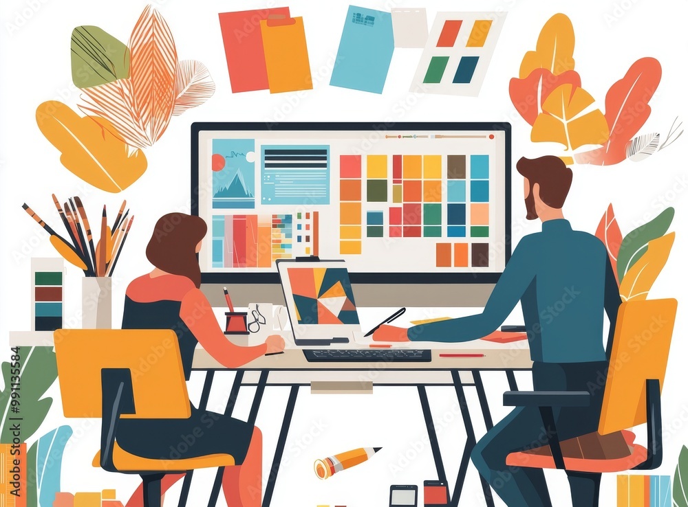 Poster people drawing elements and graphics in a design studio. creative team creating a website layout in 