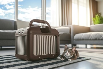 Stylish pet carrier on a modern living room floor with a variety of pet accessories nearby