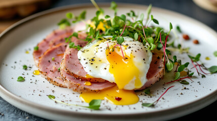 Poached Egg with Ham and Microgreens: A delicious and nutritious breakfast, showcasing a perfectly...