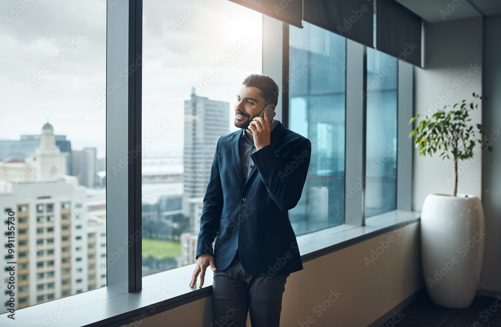 Poster office, talking and businessman by window for phone call, thinking and networking with client for co