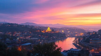Naklejka premium Panoramic view of Tbilisicityscape at sunset, with the Holy Trinity Cathedral glowing in the distance.