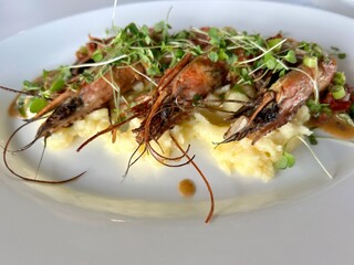 tiger shrimps with mashed potatoes