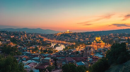 Panoramic view of Tbilisicityscape at sunset, with the Holy Trinity Cathedral glowing in the distance.