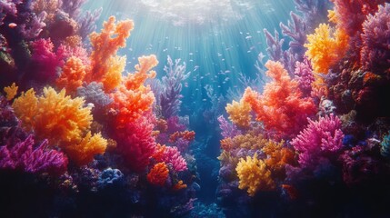 Obraz premium Aerial symphony of underwater worlds, vibrant coral reefs pulse with sound waves, harmony of nature and music