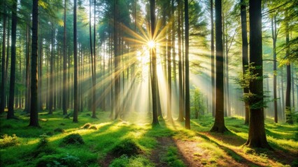 Obraz premium A serene forest scene with sunlight filtering through the trees, promoting a sense of peace and renewal