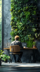 Man working at a desk with a lush green wall behind him.