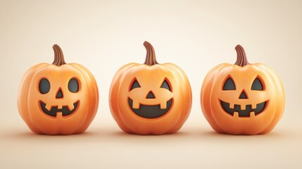 Three jack-o'-lantern pumpkins with different expressions arranged in a row.