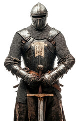 Obraz premium Front view of knight in full armor with sword isolated on white background. Medieval warrior