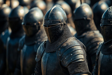 Fototapeta premium Medieval knights army in full armor standing in formation ready for battle. Warrior on battlefield