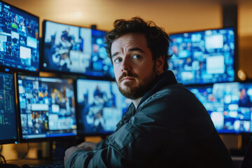 Focused security officer monitoring multiple surveillance screens in control room. Security guard working at workplace at night
