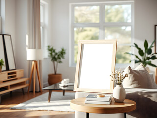Light wooden frame on side table in modern living room