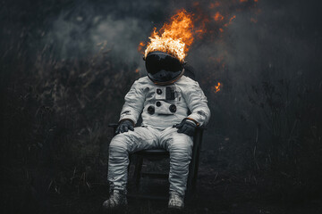 Astronaut sitting on the chair in the black flowers farm and his head burning in flames and smoke coming out of his head