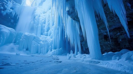 Translucent Blue Ice Cave with Cascading Frozen Waterfall and Giant Icicles