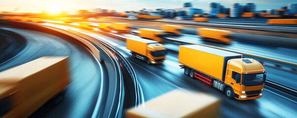 Fototapeta premium Dynamic view of yellow trucks on a busy highway during sunset, with motion blur effect, showcasing vehicle movement.