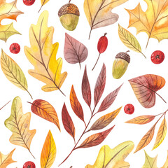 Fototapeta premium Hand drawn watercolor pattern with autumn leaves. Watercolor