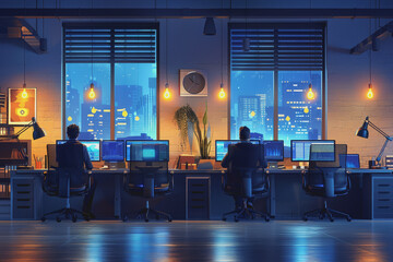 Fototapeta premium A Hitech office with programmers sitting near a table with laptops.