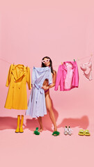 Woman playfully hanging clothes on line, surrounded by her Black Friday purchases, representing creative and fun take on post-sale chaos. Concept of sales season, Black friday, shopping. Pop art style