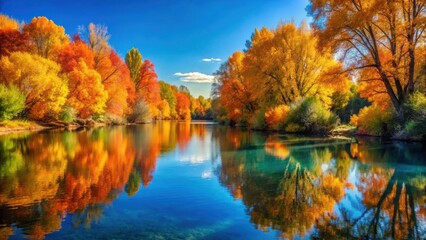 Obraz premium Tranquil river scene with vibrant autumn trees reflecting in clear blue water