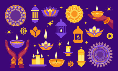 Diwali set elements. A collection of colorful symbols and images, including a hand holding a lantern, a flower, and a star