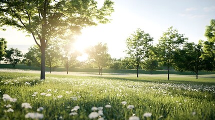 Lush green field with trees and sunlight in a serene natural setting.