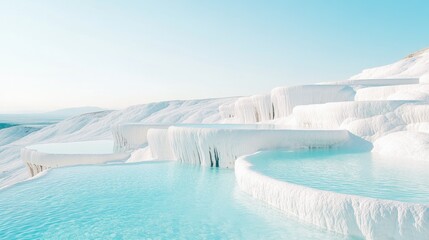 Snow-like travertine terraces of Pamukkale under a clear blue sky, with small pools of bright turquoise water.