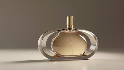 Luxurious perfume bottle with a unique and artistic design, featuring a round glass container encased in an abstract metal frame with polished gold and silver tones.