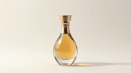 Stylish perfume bottle with an elegant, teardrop shape, featuring a smooth glass body filled with golden liquid. The bottle is topped with a sleek metallic cap that adds a modern touch.
